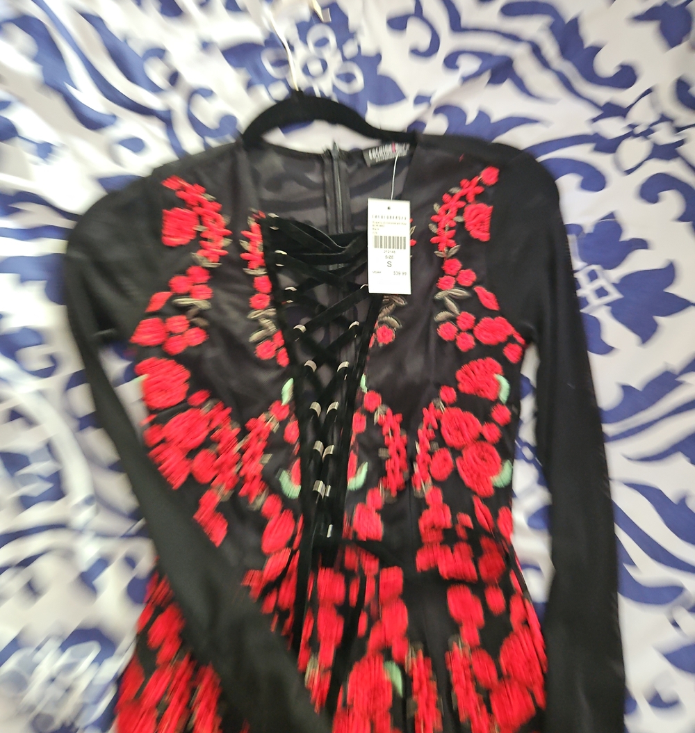Embroidered Lace-Up Long Sleeve Romper - Black with Red Floral